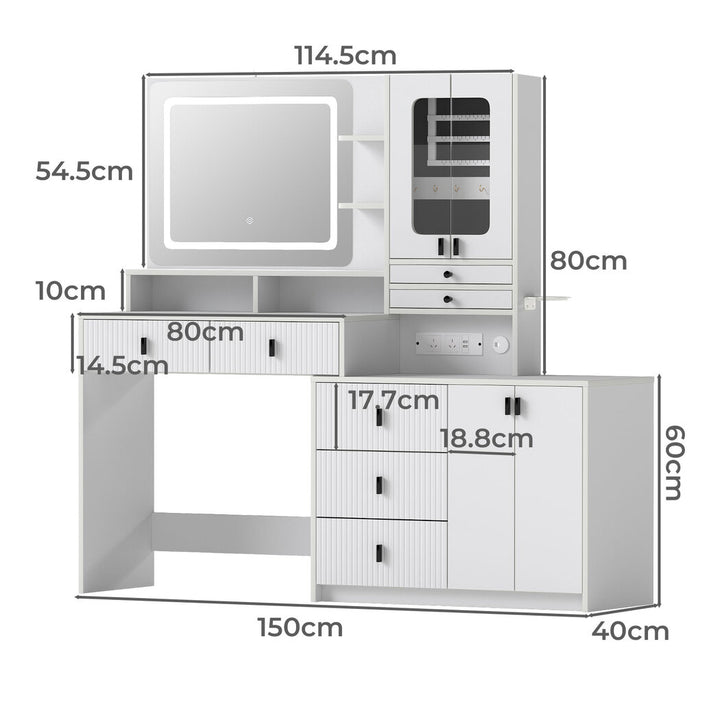 150cm Vanity Table Touchscreen Mirror LED Jewelry Cabinet 7 Drawers White