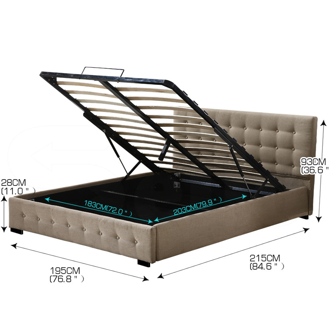 King Bed Frame Fabric Tufted Mattress Platform Gas Lift Storage Beige
