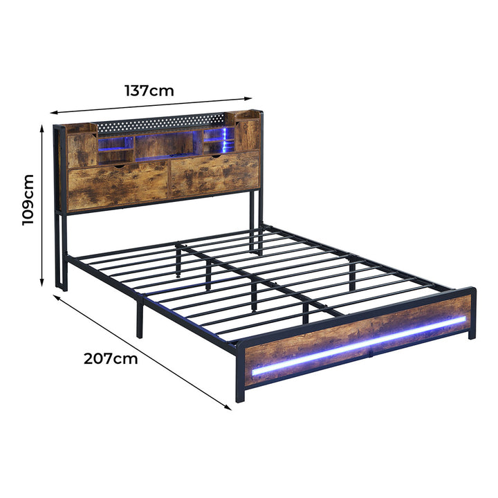 Double Bed Frame Storage Headboard Industrial RGB Light LED Charging