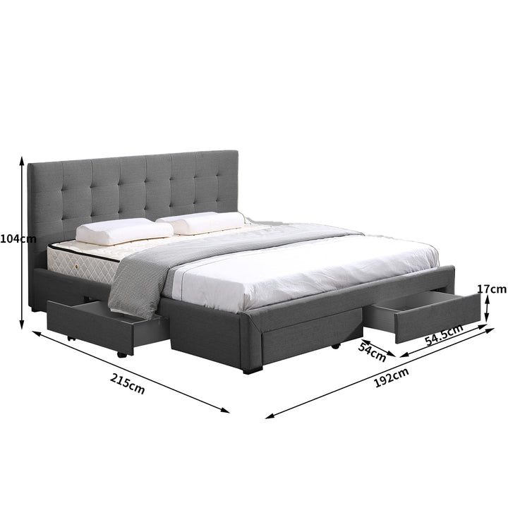 Bed Frame King Fabric With Drawers Storage Wooden Mattress Grey