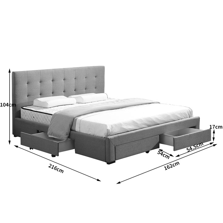 Fabric Bed Frame Queen Tufted 4 Drawers Storage Wooden Mattress Base Grey