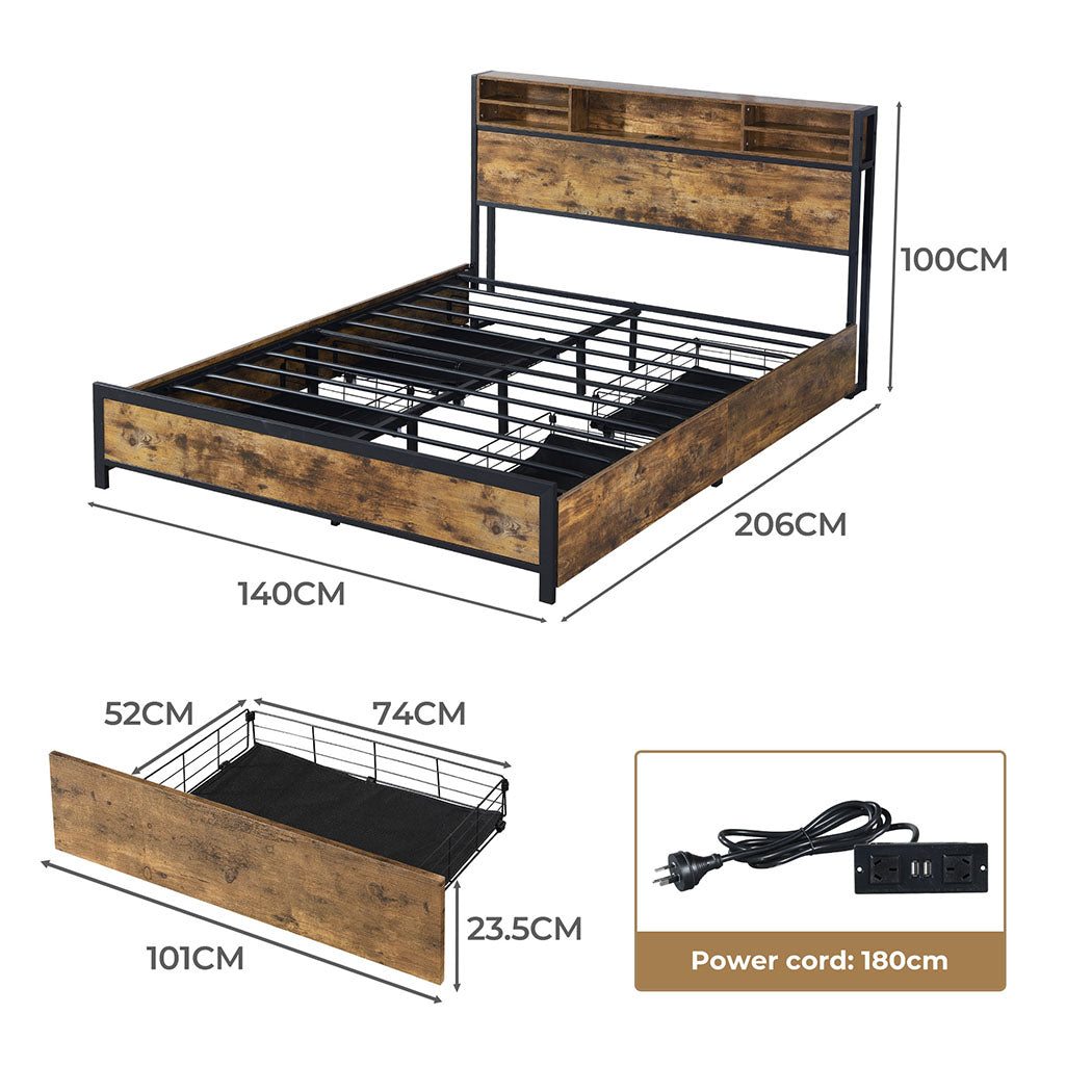 Bed Frame Storage Headboard Drawers RGB LED USB Charge Industrial