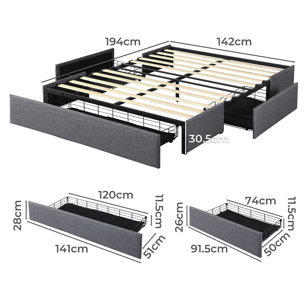 Fabric Bed Frame with 3 Drawers & DIY Headboard