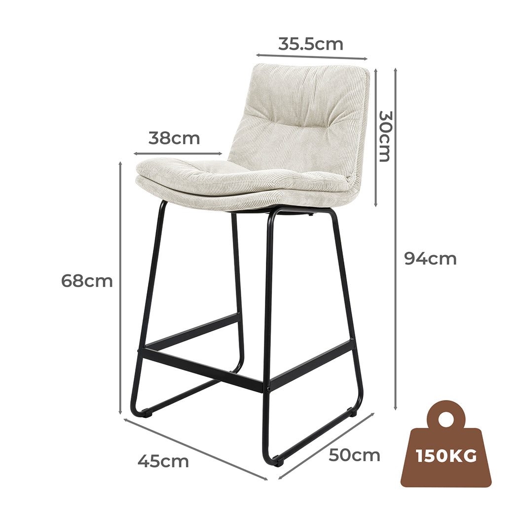 2x Corduroy Bar Stool Kitchen Stool Chair Soft 6cm Padded Seat