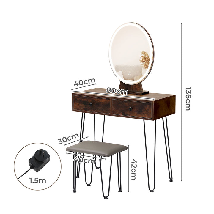 Dressing Table LED Light Strip Makeup Mirror Stool Set Vanity Desk Brown