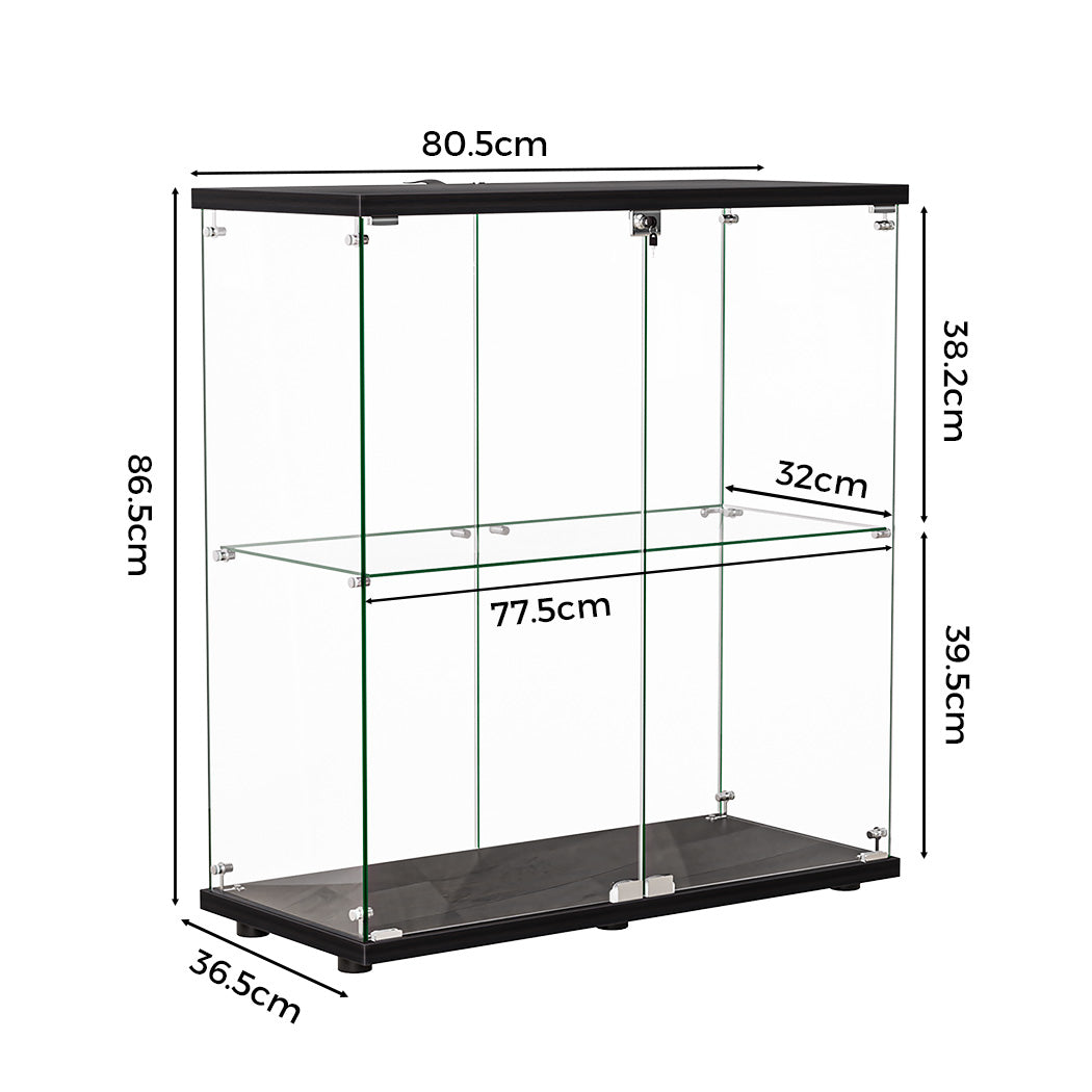 Glass Display Cabinet Lockable Collections Storage 2 Tier Shelf 2 Door