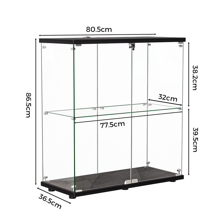 Glass Display Cabinet Lockable Collections Storage 2 Tier Shelf 2 Door