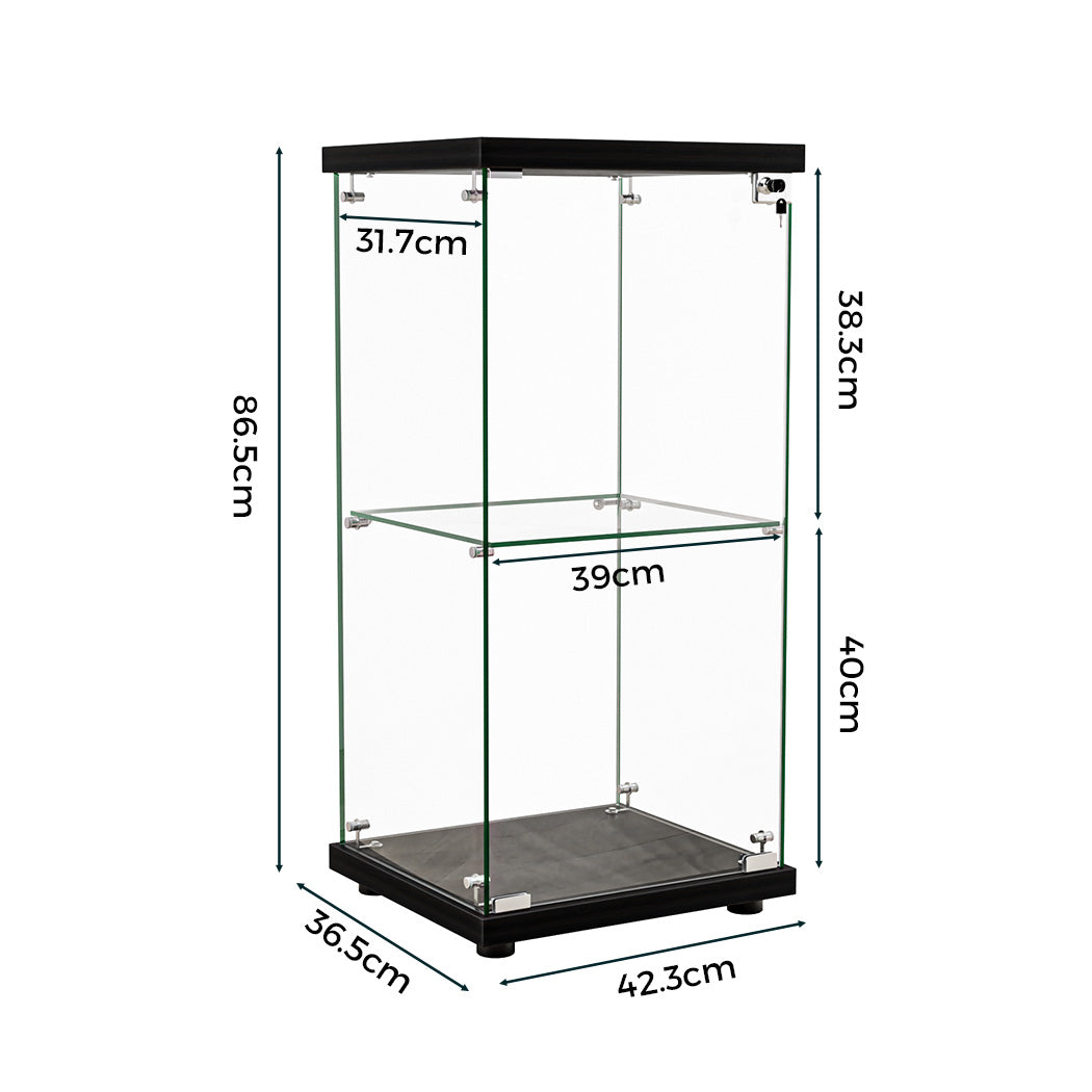 Display Cabinet Collection Storage Tempered Glass 2 Tier With Lock Black