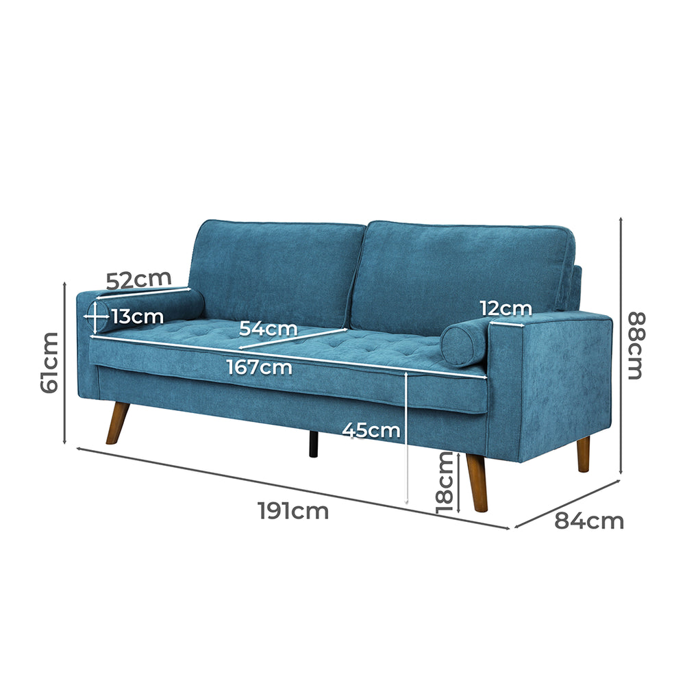 Levede Fabric Sofa Armchair 3 Seater Couch Blue 191cm Wide - Levede