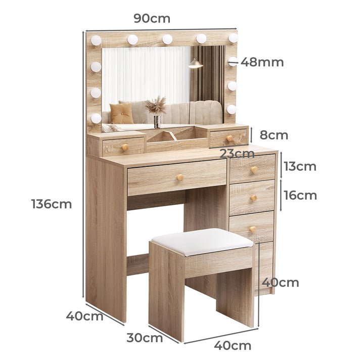Dressing Table Stool Set 11 Bulbs Makeup Mirror Vanity Desk Cabinet Oak