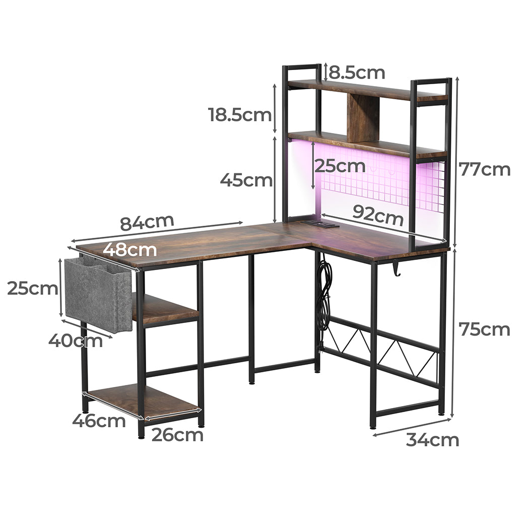 L Shaped Gaming Desk with LED Lights Brown