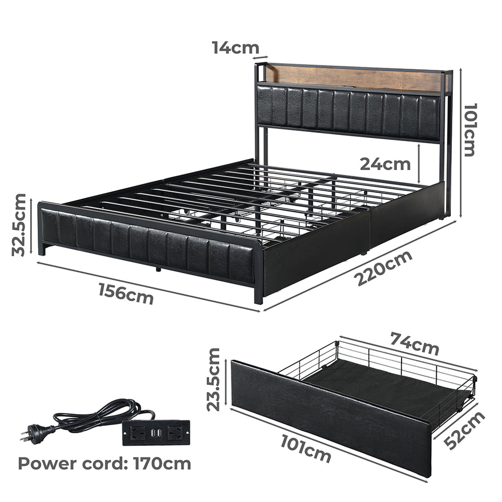 Levede Queen Bed Frame PU 4 Drawer USB Charge - Levede