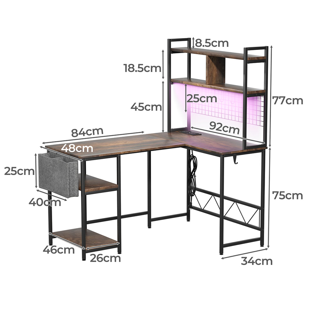 Levede L Shaped Gaming Desk with LED Lights Brown - Levede