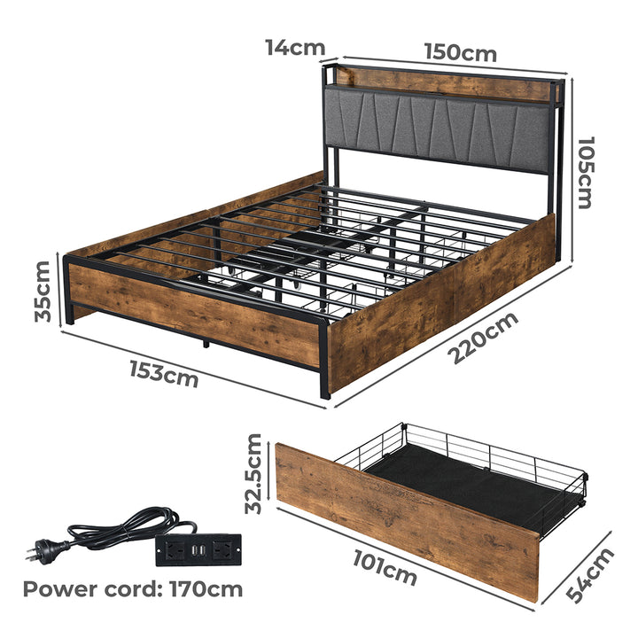 Levede Queen Bed Frame Soft Storage Drawers Headboard USB Charge - Levede