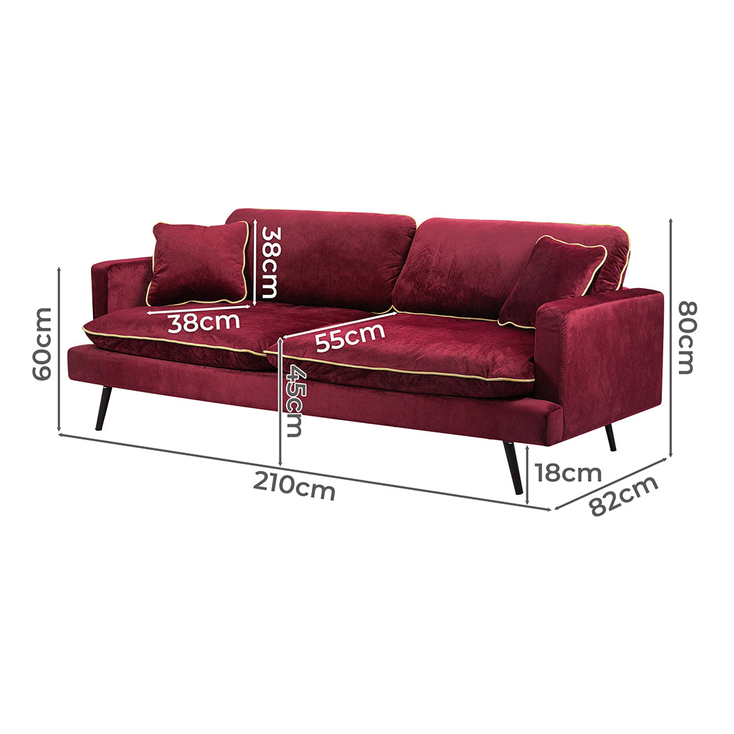 Levede Velvet Sofa Armchair 3 Seater Couch Red 210cm Wide - Levede