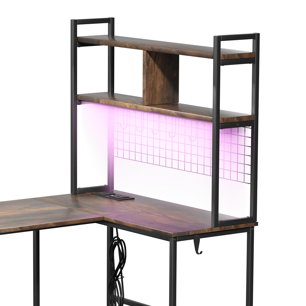 Levede L Shaped Gaming Desk with LED Lights Brown - Levede