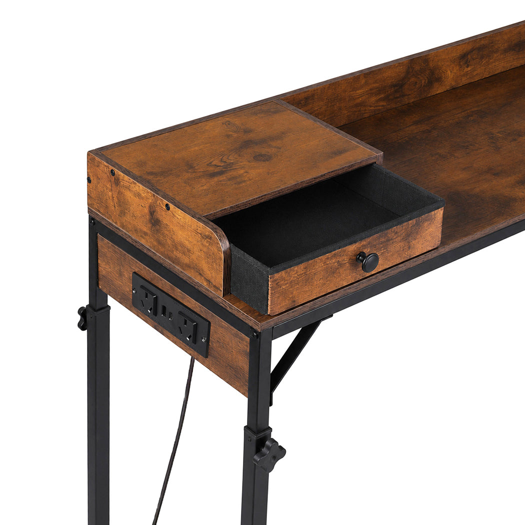 Overbed Table 180cm 84-109cm Mobile with Charging Station Bedroom Brown