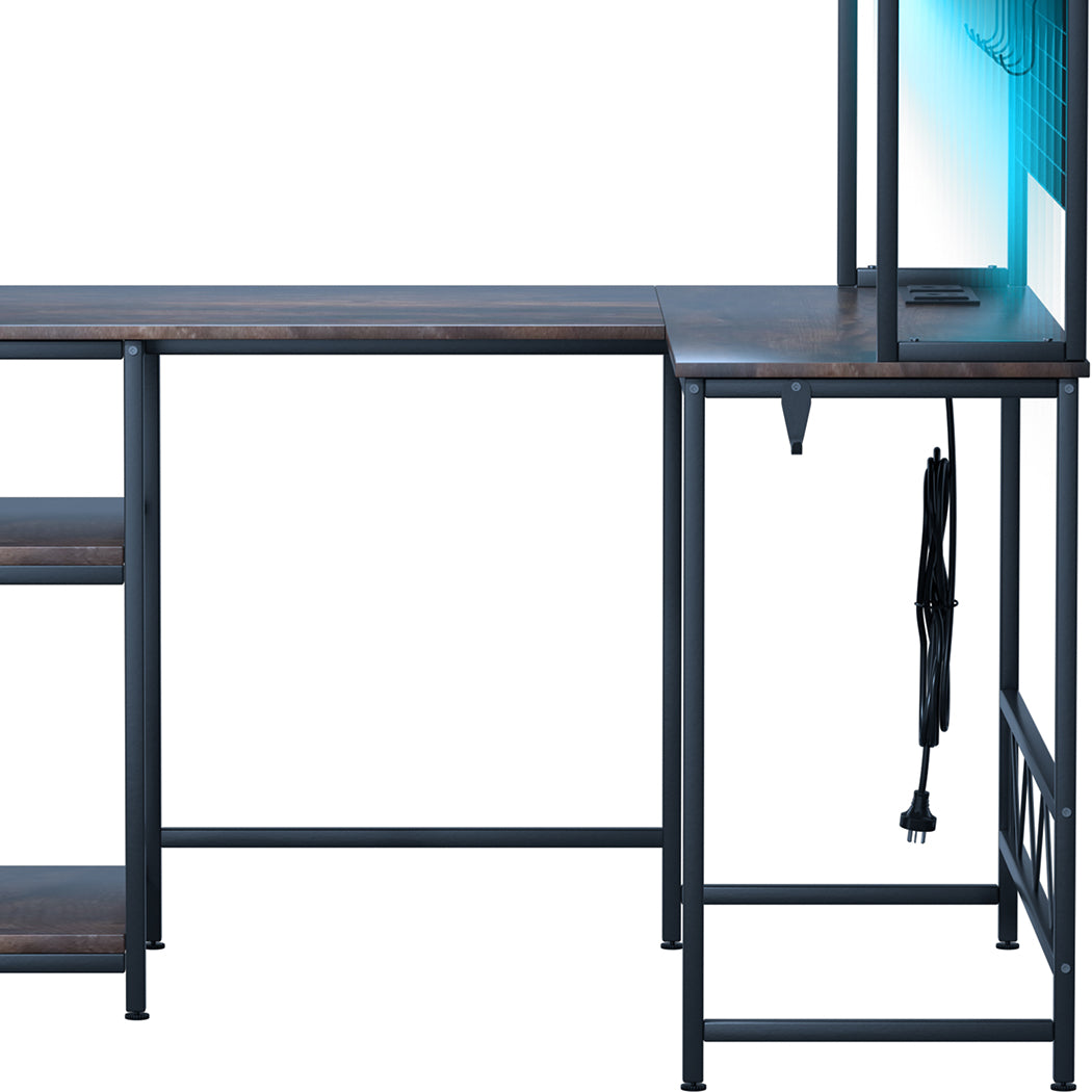 Levede L Shaped Gaming Desk with LED Lights Brown - Levede