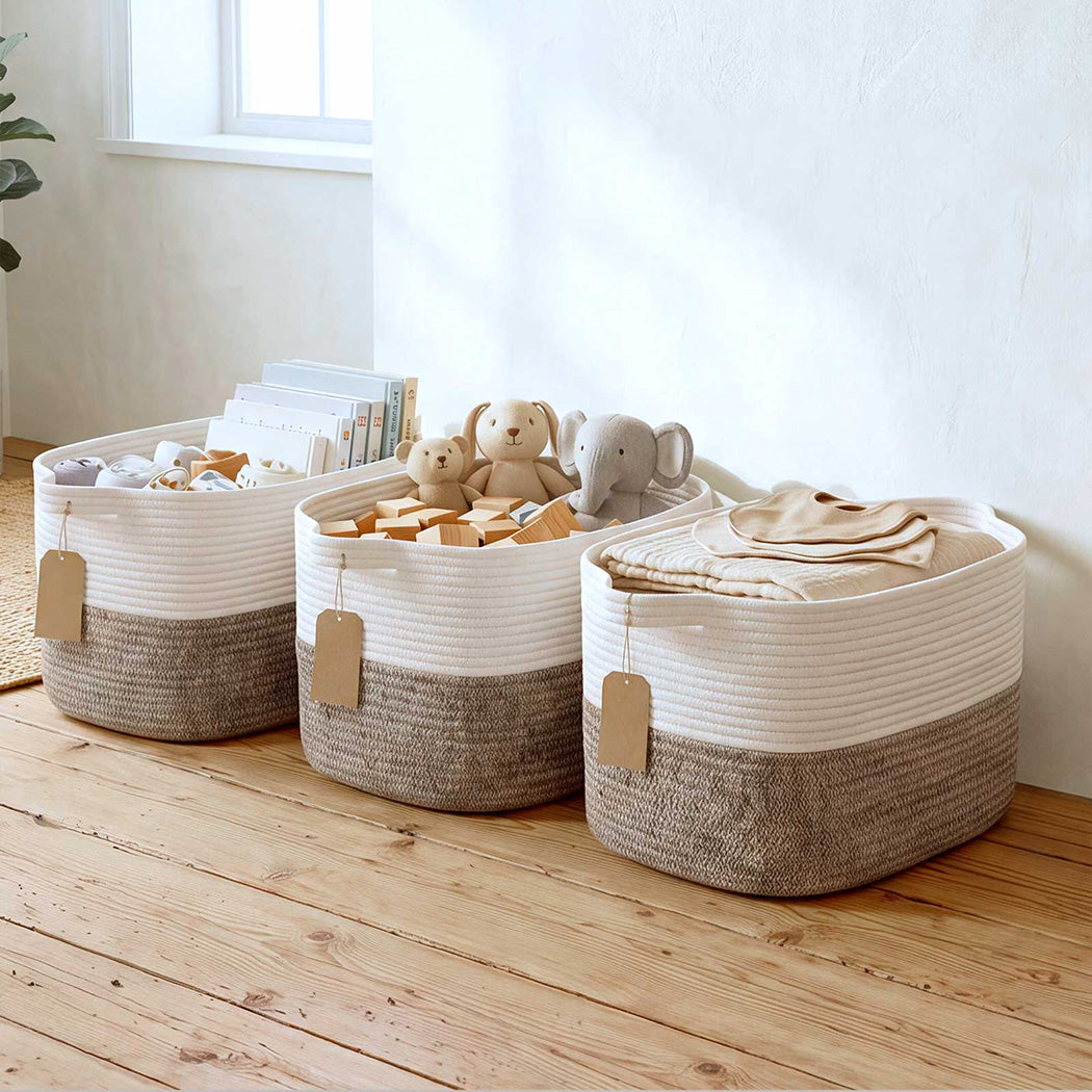 Storage Baskets Laundry Bins 3Pcs Foldable with Handles Cotton Rope Brown