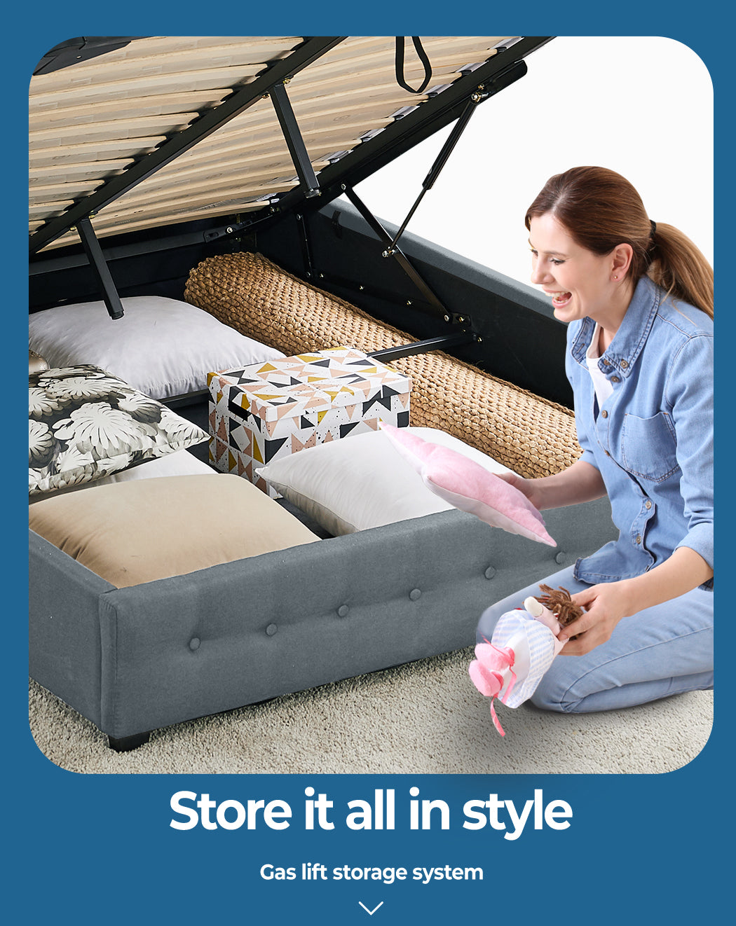 lady Organising stuff in Queen Fabric Bed Frame With Gas Lift Storage 