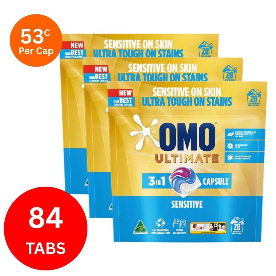 Omo Ultimate 3in1 Sensitive 55c/Tab x 84 Laundry Capsules.