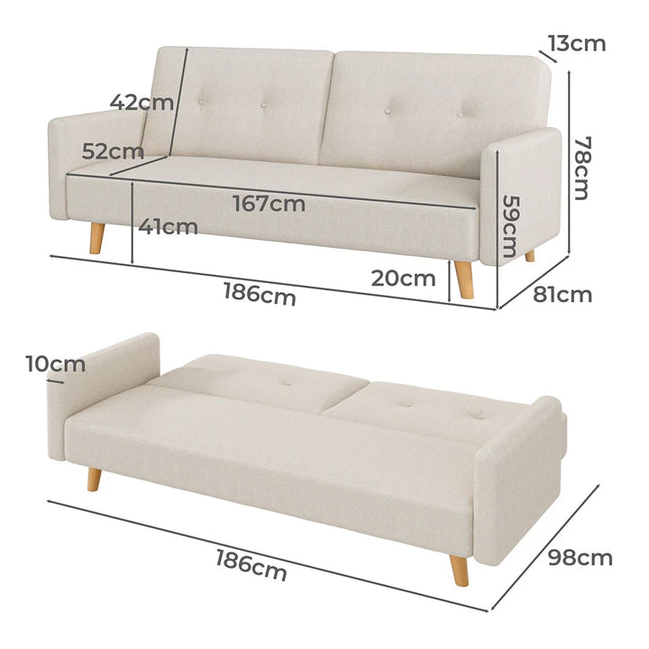 Convertible Sofa Bed Cotton Linen Lounge Adjustable 3 Seater Couch Cream