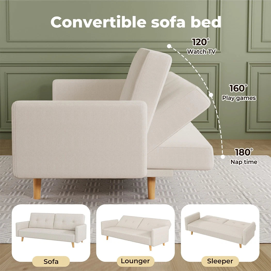 Convertible Sofa Bed Cotton Linen Lounge Adjustable 3 Seater Couch Cream