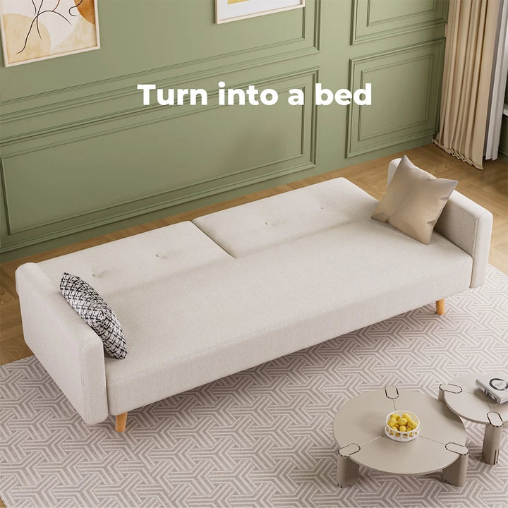 Convertible Sofa Bed Cotton Linen Lounge Adjustable 3 Seater Couch Cream