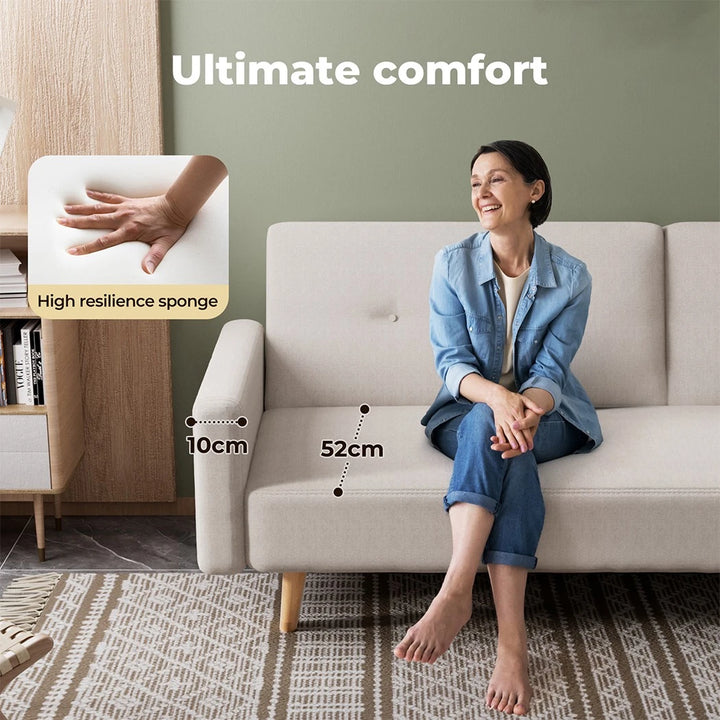 Convertible Sofa Bed Cotton Linen Lounge Adjustable 3 Seater Couch Cream