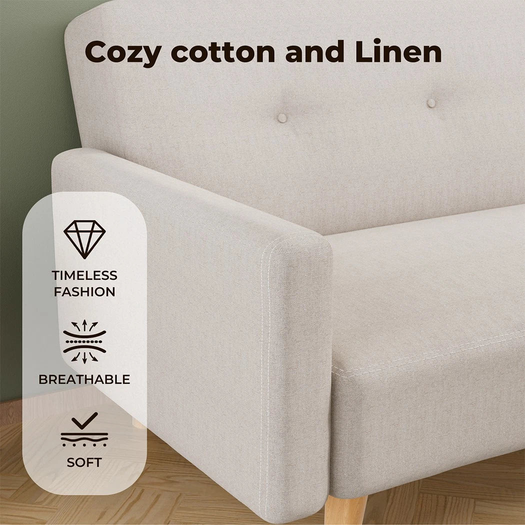 Convertible Sofa Bed Cotton Linen Lounge Adjustable 3 Seater Couch Cream