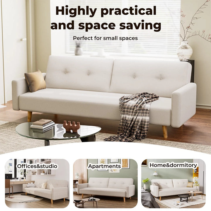 Convertible Sofa Bed Cotton Linen Lounge Adjustable 3 Seater Couch Cream