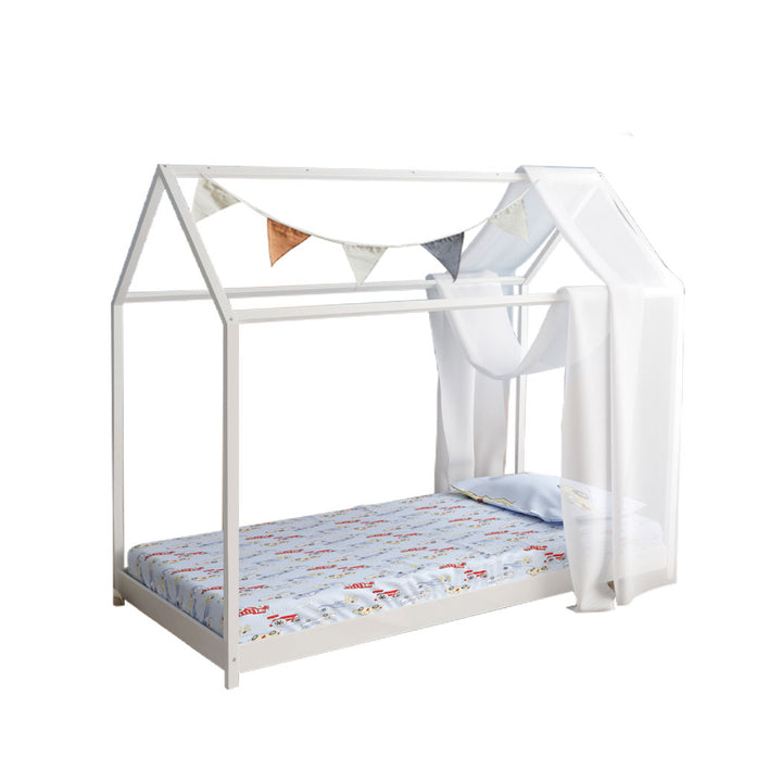 white Single Wooden Timber Bed Frame with mattress